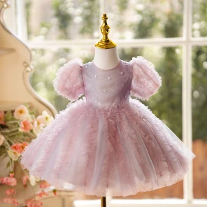 Chic Belle Rougissant Rose Anniversaire Volants Courte Robe Ceremonie Fille 2024 Robe Boule Encolure Dégagée Gonflée Manches Courtes