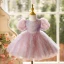 Chic / Beautiful Blushing Pink Birthday Ruffle Short Flower Girl Dresses 2024 Ball Gown Scoop Neck Puffy Short Sleeve