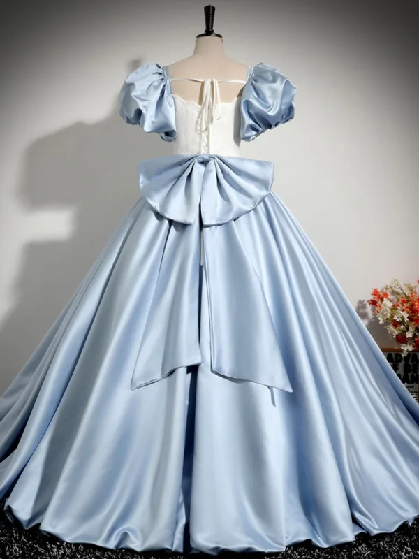 Elegant Sky Blue Satin Prom Dresses 2024 Ball Gown Square Neckline Puffy Short Sleeve Backless Bow Floor-Length / Long Prom Formal Dresses