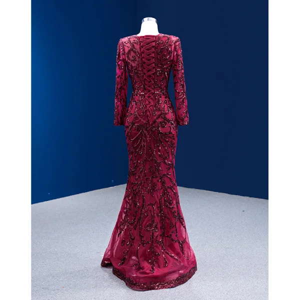 Vintage / Retro High-end Burgundy Sequins Evening Dresses 2022 Trumpet / Mermaid Scoop Neck Long Sleeve Bow Royal Train Prom Formal Dresses
