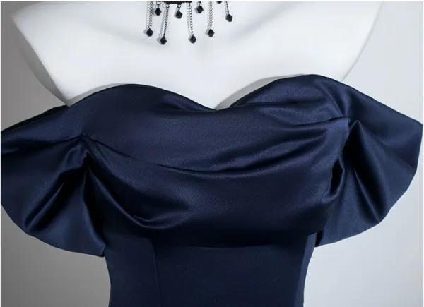 Vintage / Retro Navy Blue Prom Dresses 2026 A-Line / Princess Off-The-Shoulder Short Sleeve Backless Floor-Length / Long Formal Dresses