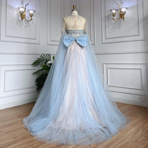 Haut de Gamme Bleu Ciel Fait main Perlage Paillettes Robe De Soirée 2023 Princesse Encolure Dégagée Manches Longues Noeud Soirée Train De Balayage Robe De Ceremonie
