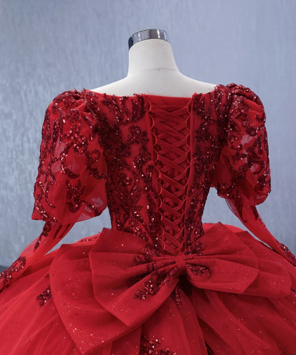 Luxury / Gorgeous Red Handmade  Beading Sequins Lace Flower Prom Dresses 2024 Ball Gown Square Neckline Long Sleeve Backless Chapel Train Prom Formal Dresses