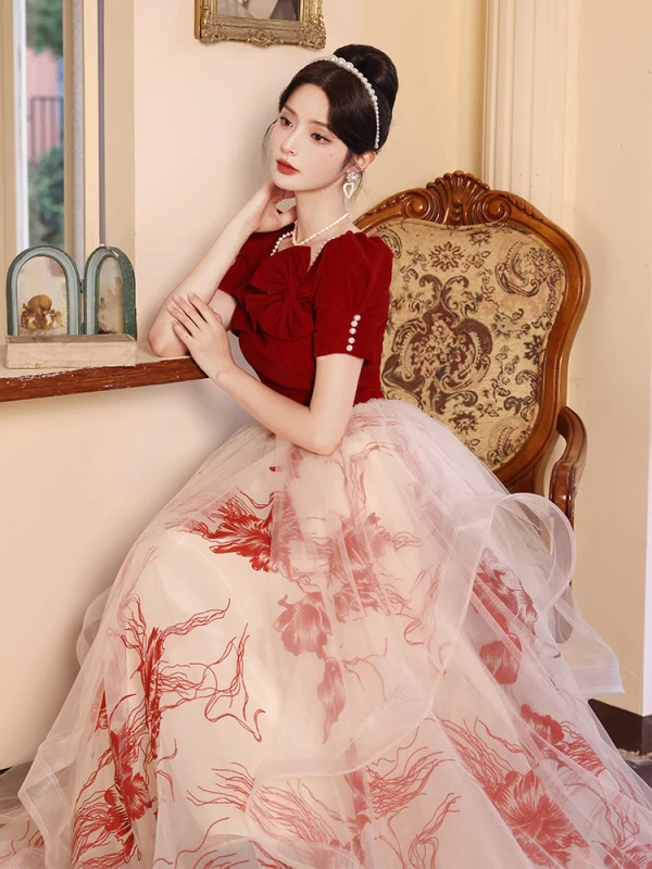 Chic / Beautiful Burgundy Prom Dresses 2023 A-Line / Princess Square Neckline Bow Short Sleeve Backless Floor-Length / Long Formal Dresses