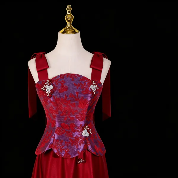 Vintage / Retro Burgundy Prom Dresses 2026 A-Line / Princess Strapless Sleeveless Backless Floor-Length / Long Formal Dresses