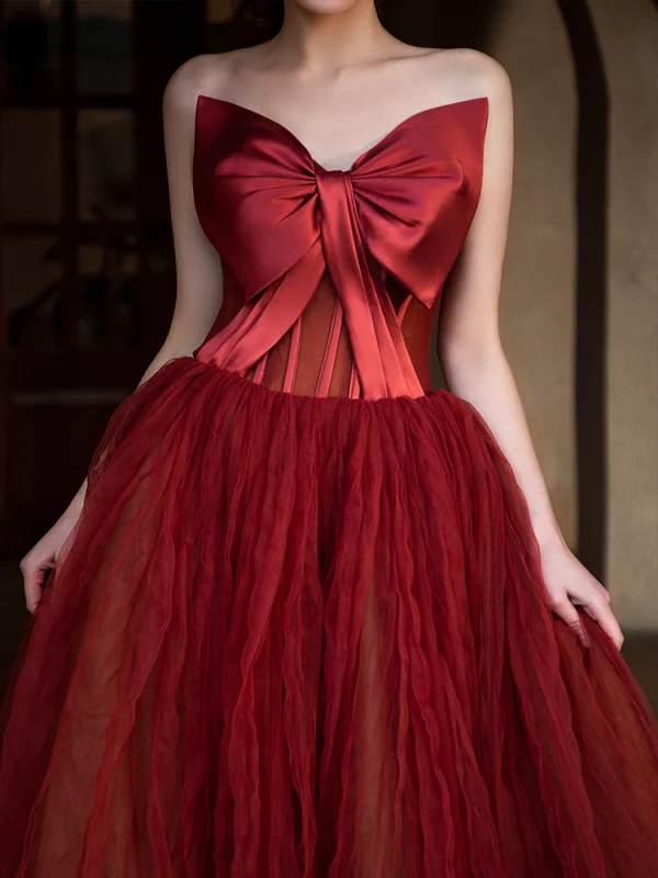 Fashion Red Prom Dresses 2022 A-Line / Princess Strapless Bow Sleeveless Backless Floor-Length / Long Formal Dresses