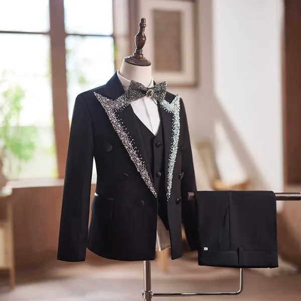 Black Long Sleeve Rhinestone 5-piece Wedding Boys Wedding Suits 2025 Body Jewellery Coat Pants Shirt Tie Vest