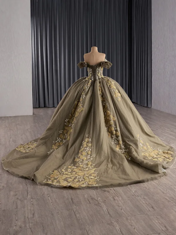 Vintage / Retro High-end Brown Beading Pearl Sequins Quinceañera Prom Dresses 2025 Ball Gown Off-The-Shoulder Short Sleeve Backless Chapel Train Formal Dresses
