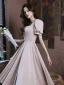 Chic / Beautiful Nude Pearl Homecoming Graduation Dresses 2023 A-Line / Princess Satin Square Neckline Short Sleeve Backless Floor-Length / Long Formal Dresses
