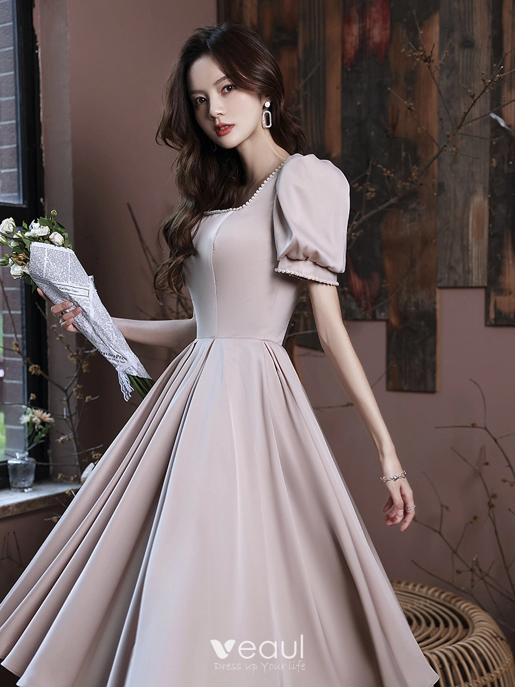 Chic / Beautiful Nude Pearl Homecoming Graduation Dresses 2023 A-Line / Princess Satin Square Neckline Short Sleeve Backless Floor-Length / Long Formal Dresses Chic / Beautiful Nude Pearl Homecoming Graduation Dresses 2023 A-Line / Princess Satin Square Neckline Short Sleeve Backless Floor-Length / Long Formal Dresses