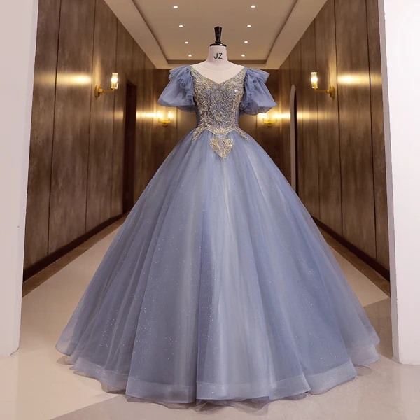 Elegant Yellow Prom Dresses 2022 Ball Gown Scoop Neck Puffy Short Sleeve Beading Pearl Sequins Backless Floor-Length / Long Prom Formal Dresses