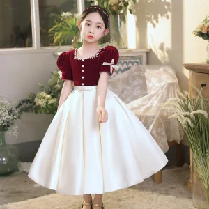 Elegant Burgundy Pearl Satin Prom Flower Girl Dresses 2022 A Line Princess Square Neckline Short Sleeve Bow Sash Floor Length Long Flower Girl Dresses