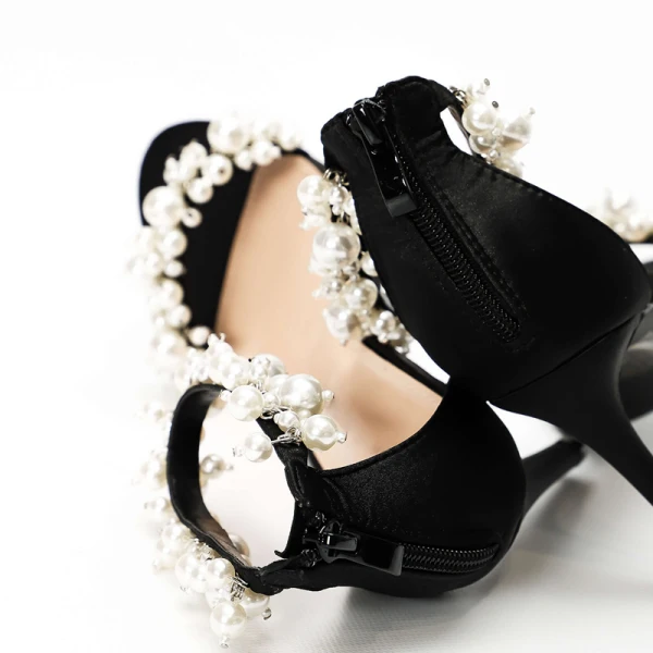 Sexy Black Pearl Evening Party Womens Sandals 2022 10 cm Stiletto Heels Open / Peep Toe Sandals High Heels