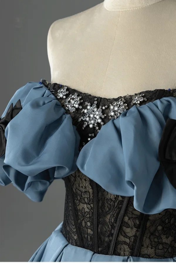 Elegant Havblåt Med Blonder Blomsten Rhinestone Gallakjoler 2026 Balkjole Off-The-Shoulder Kort Ærme Halterneck Sløjfe Lange Kjoler