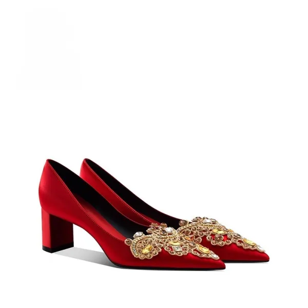 Chinese style Red Satin Rhinestone Wedding Shoes 2026 5 cm Stiletto Heels Pointed Toe Wedding Pumps High Heels