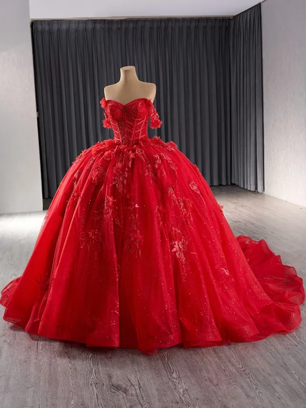 Haut de Gamme Rouge Perlage Perle Paillettes En Dentelle Fleur Appliques Robe De Bal 2024 Robe Boule De l'épaule Sans Manches Dos Nu Chapel Train Promo
