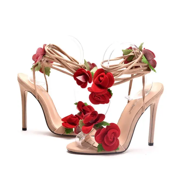 Chic / Belle Beige Été Jardin / Extérieur Appliques Sandales Femme 2023 Bride Cheville 11 cm Talons Aiguilles Peep Toes / Bout Ouvert Sandales Talons Hauts
