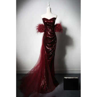 Scintillantes Bordeaux Paillettes Gland Robe De Soirée 2024 Trompette Sirène Bustier Sans Manches Dos Nu Train De Balayage Soirée Robe De Ceremonie