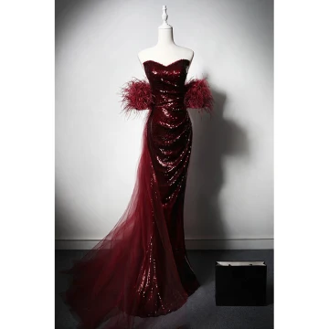 Scintillantes Bordeaux Paillettes Gland Robe De Soirée 2024 Trompette Sirène Bustier Sans Manches Dos Nu Train De Balayage Soirée Robe De Ceremonie