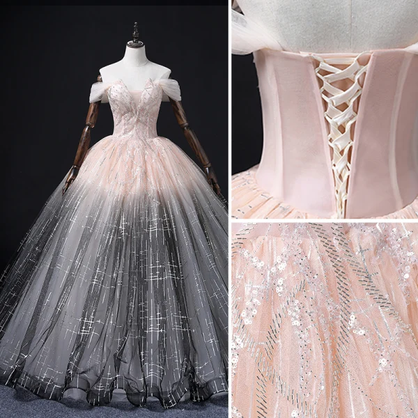 Charmant Dégradé De Couleur Rougissant Rose Robe De Bal 2022 Robe Boule De l'épaule Perlage Paillettes Sans Manches Dos Nu Longue Robe De Ceremonie