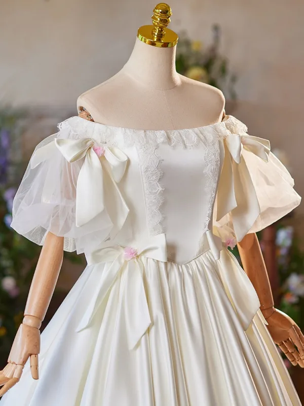 Vintage / Retro Ivory Satin Lace Flower Prom Dresses 2024 Ball Gown Off-The-Shoulder Bow Short Sleeve Backless Floor-Length / Long Prom Formal Dresses