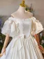 Vintage / Retro Ivory Satin Lace Flower Prom Dresses 2024 Ball Gown Off-The-Shoulder Bow Short Sleeve Backless Floor-Length / Long Prom Formal Dresses