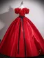 Chic / Beautiful Red Appliques Bow Sash Prom Dresses 2025 Ball Gown Off-The-Shoulder Short Sleeve Backless Floor-Length / Long Formal Dresses