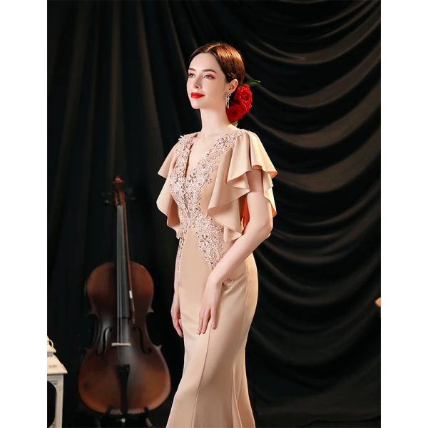 Charmant Nues En Dentelle Fleur Robe De Soirée 2022 Satin Trompette / Sirène V-Cou Perlage Faux Diamant Paillettes Manches Courtes Dos Nu Longue Soirée Robe De Ceremonie