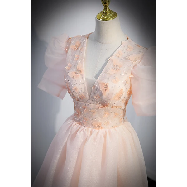 Chic / Beautiful Blushing Pink Beading Sequins Party Dresses 2022 A-Line / Princess V-Neck Appliques Short Sleeve Backless Floor-Length / Long Formal Dresses