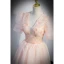 Chic / Beautiful Blushing Pink Beading Sequins Party Dresses 2022 A-Line / Princess V-Neck Appliques Short Sleeve Backless Floor-Length / Long Formal Dresses