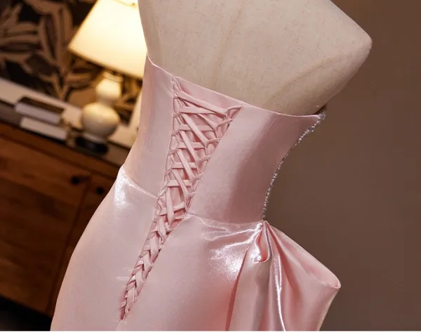 Sexy Pearl Pink Pearl Satin Prom Dresses 2024 Trumpet / Mermaid Strapless Sleeveless Backless Floor-Length / Long Prom Formal Dresses