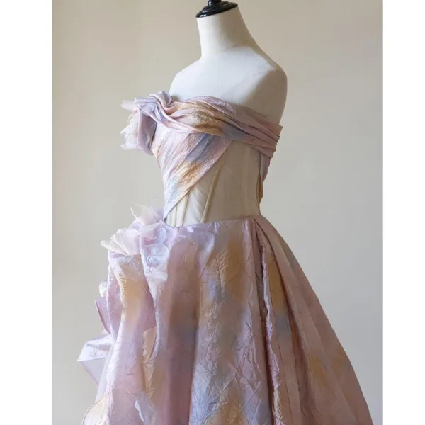 Chic / Beautiful Blushing Pink Printing Prom Dresses 2025 Ball Gown Strapless Sleeveless Backless Floor-Length / Long Formal Dresses