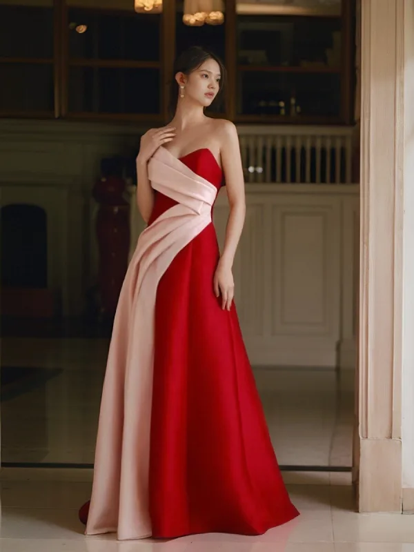 A-Line/Princess Prom Dresses Pink Floral Strapless Bow High Slit Strapless Floor-Length With Side Split main image 0