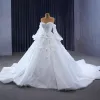Luxury / Gorgeous White Beading Appliques Sequins Wedding Dresses 2023 Ball Gown Off-The-Shoulder Long Sleeve Backless Chapel Train Wedding