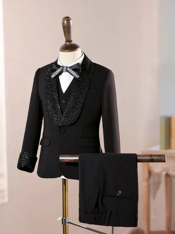 Black Sequins 5-piece Long Sleeve Boys Wedding Suits Boys Wedding Suits 2025 Coat Pants Shirt Tie Vest