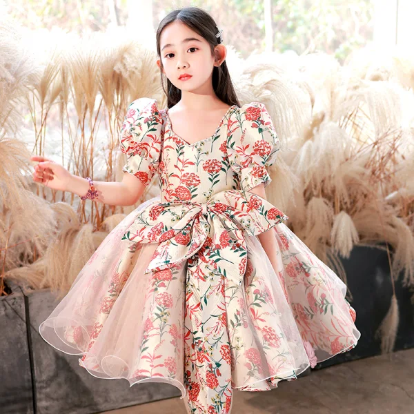 Chic / Beautiful Beige 3D Lace Prom Flower Girl Dresses 2022 Ball Gown Pearl Rhinestone Square Neckline Puffy Short Sleeve Backless Floor-Length / Long Flower Girl Dresses