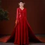 Chinese style Red Pearl Rhinestone Satin Evening Dresses 2022 A-Line / Princess V-Neck Long Sleeve Tassel Backless Evening Party Court Train Formal Dresses