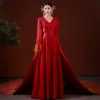 Chinese style Red Pearl Rhinestone Satin Evening Dresses 2022 A-Line / Princess V-Neck Long Sleeve Tassel Backless Evening Party Court Train Formal Dresses