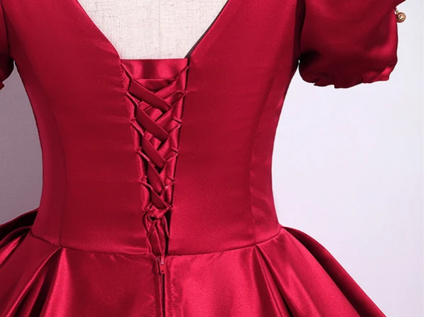 Elegant Burgundy Bow Prom Dresses 2024 Ball Gown Square Neckline Puffy Short Sleeve Backless Floor-Length / Long Prom Formal Dresses