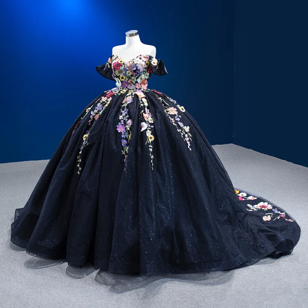 Flower Fairy High-end Black Lace Appliques Prom Dresses 2023 Ball Gown Off-The-Shoulder Sleeveless Backless Glitter Cathedral Train Prom Formal Dresses