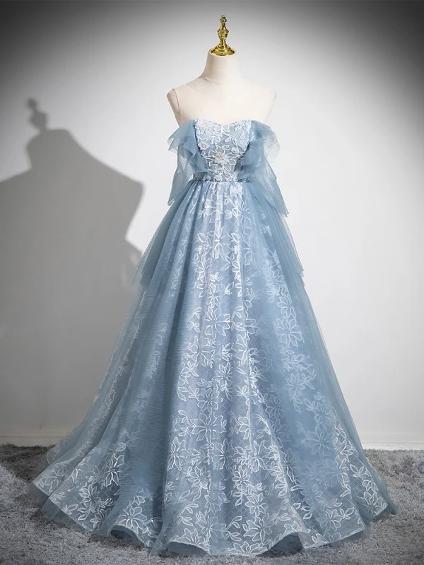 Chic / Beautiful Sky Blue Lace Flower Sequins Prom Dresses 2024 A-Line / Princess Strapless Sleeveless Backless Floor-Length / Long Prom Formal Dresses