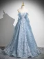 Chic / Beautiful Sky Blue Lace Flower Sequins Prom Dresses 2024 A-Line / Princess Strapless Sleeveless Backless Floor-Length / Long Prom Formal Dresses