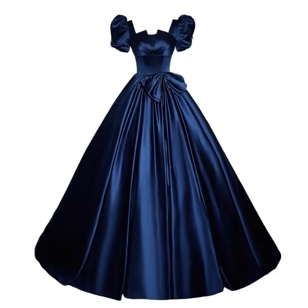 Vintage / Retro Navy Blue Satin Prom Dresses 2023 Ball Gown Square Neckline Short Sleeve Backless Bow Floor-Length / Long Prom Formal Dresses
