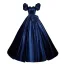 Vintage / Retro Navy Blue Satin Prom Dresses 2023 Ball Gown Square Neckline Short Sleeve Backless Bow Floor-Length / Long Prom Formal Dresses