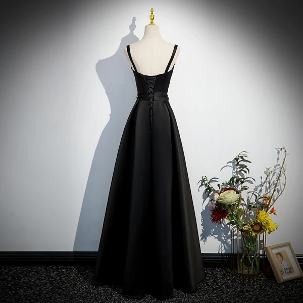 Charming Black Pearl Evening Dresses 2023 A-Line / Princess Spaghetti Straps Sleeveless Backless Floor-Length / Long Satin Evening Party Formal Dresses