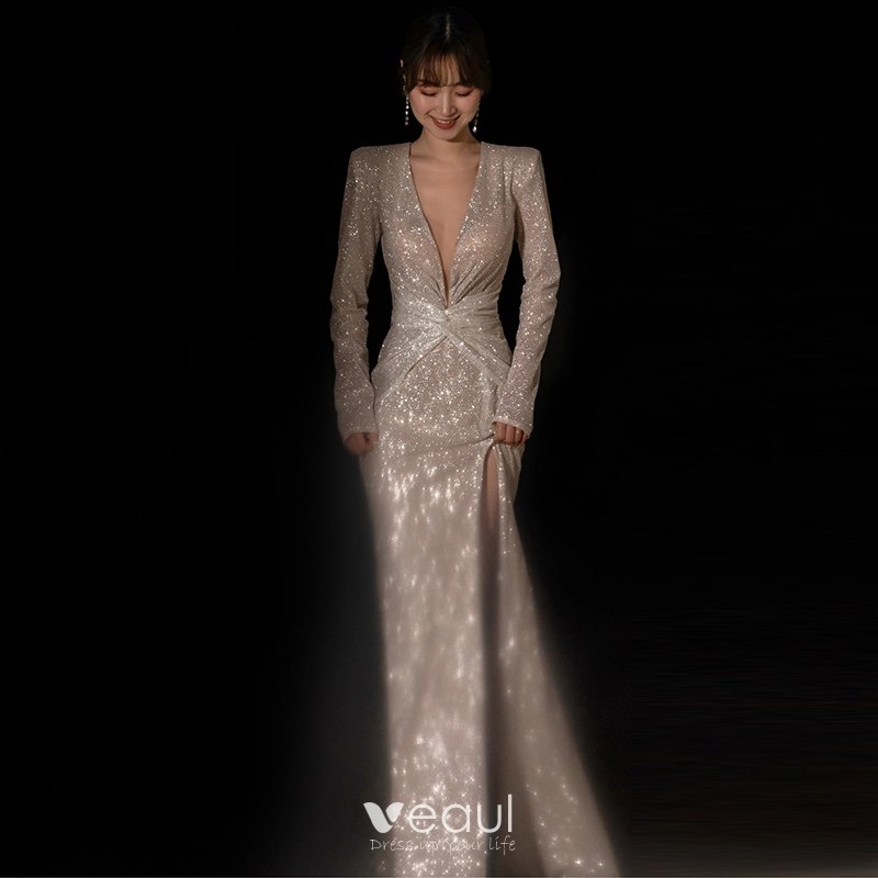 Champagne Sequin V Neck Long Sleeve Trumpet Mermaid Prom Formal Dress