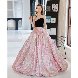 Charming Black Rhinestone Sequins Prom Dresses 2022 Ball Gown Strapless Sleeveless Backless Split Front Sweep Train Formal Dresses