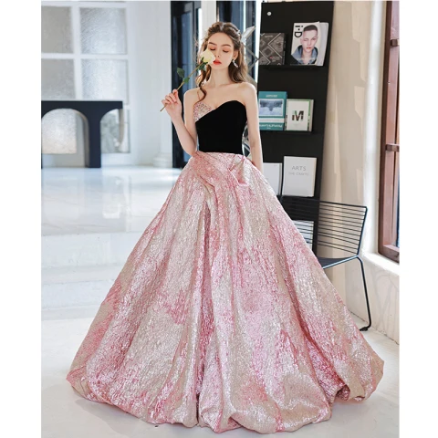 Charming Black Rhinestone Sequins Prom Dresses 2022 Ball Gown Strapless Sleeveless Backless Split Front Sweep Train Formal Dresses