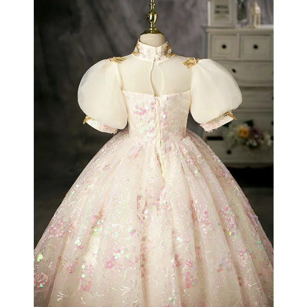 Charming Blushing Pink Beading Sequins Birthday Flower Girl Dresses 2022 Ball Gown High Neck Puffy Short Sleeve Floor-Length / Long Flower Girl Dresses