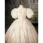 Charming Blushing Pink Beading Sequins Birthday Flower Girl Dresses 2022 Ball Gown High Neck Puffy Short Sleeve Floor-Length / Long Flower Girl Dresses